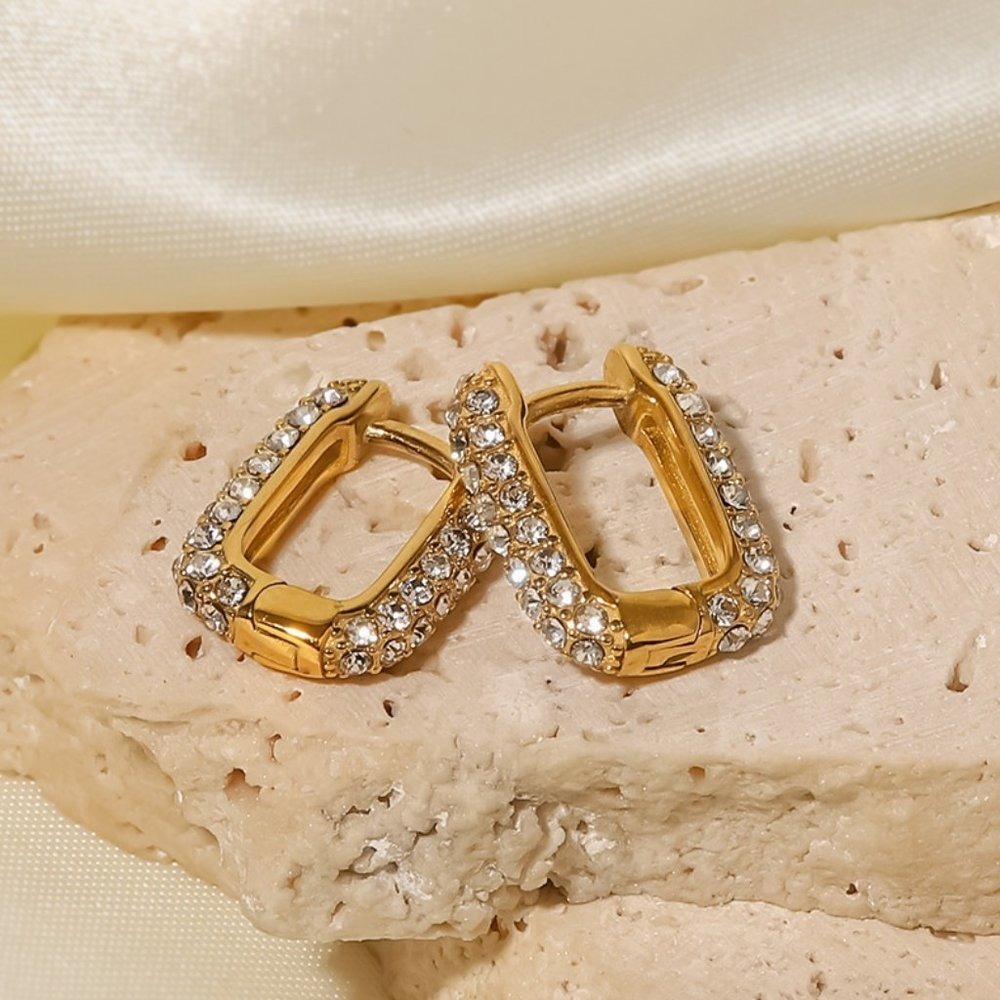 U Shaped Pave Zirconia Hoop Earrings 18K Gold Plated Stainles Steel - Picture 4 of 7